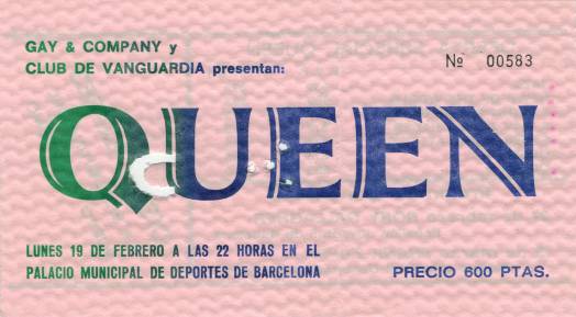 Ticket stub - Queen live at the Palacio De Deportes, Barcelona, Spain [19.02.1979]