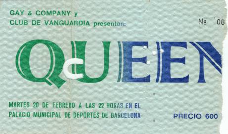 Ticket stub - Queen live at the Palacio De Deportes, Barcelona, Spain [20.02.1979]