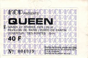 Ticket stub - Queen live at the Pavillon De Paris, Paris, France [27.02.1979]