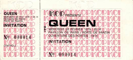 Ticket stub - Queen live at the Pavillon De Paris, Paris, France [28.02.1979]