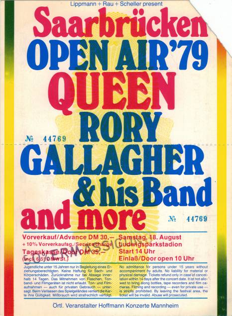 Ticket stub - Queen live at the Ludwigsparkstadion, Saarbrücken, Germany [18.08.1979]