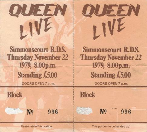 Ticket stub - Queen live at the RDS Simmons Hall, Dublin, Ireland [22.11.1979]