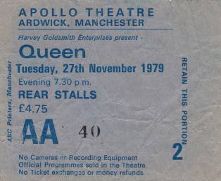 Ticket stub - Queen live at the Apollo Theatre, Manchester, UK [27.11.1979]