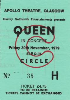 Ticket stub - Queen live at the Apollo Theatre, Glasgow, UK [30.11.1979]
