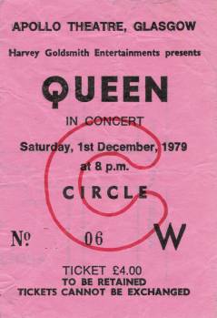 Ticket stub - Queen live at the Apollo Theatre, Glasgow, UK [01.12.1979]