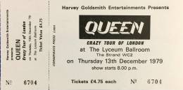 Ticket stub - Queen live at the Lyceum Ballroom, London, UK [13.12.1979]