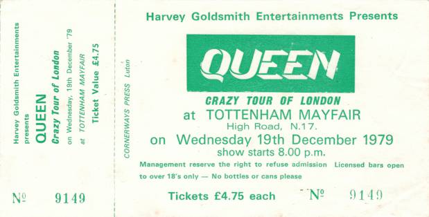 Ticket stub - Queen live at the Tottenham Mayfair, London, UK [19.12.1979]