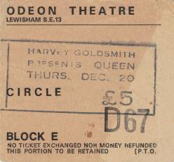 Ticket stub - Queen live at the Lewisham Odeon, London, UK [20.12.1979]