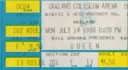 Ticket stub - Queen live at the Oakland Coliseum Arena, Oakland, CA, USA [14.07.1980]