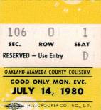 Ticket stub - Queen live at the Oakland Coliseum Arena, Oakland, CA, USA [14.07.1980]