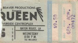 Ticket stub - Queen live at the Riverside Centroplex, Baton Rouge, LA, USA [06.08.1980]