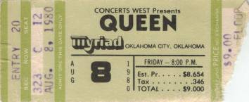 Ticket stub - Queen live at the Myriad, Oklahoma City, OK, USA [08.08.1980]