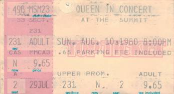 Ticket stub - Queen live at the Summit, Houston, TX, USA [10.08.1980]