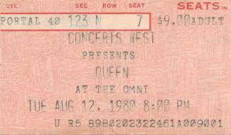Ticket stub - Queen live at the Omni, Atlanta, GA, USA [12.08.1980]