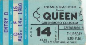 Ticket stub - Queen live at the Coliseum, Greensboro, NC, USA [14.08.1980]