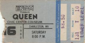Ticket stub - Queen live at the Civic Centre, Charleston, WV, USA [16.08.1980]