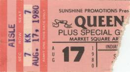 Ticket stub - Queen live at the Market Square Arena, Indianapolis, IN, USA [17.08.1980]