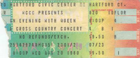 Ticket stub - Queen live at the Civic Centre, Hartford, CT, USA [20.08.1980]