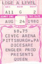 Ticket stub - Queen live at the Civic Centre, Pittsburgh, PA, USA [24.08.1980]