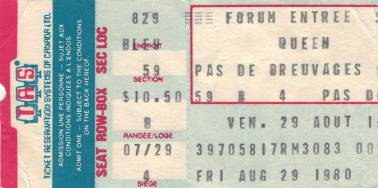 Ticket stub - Queen live at the Forum, Montreal, Canada [29.08.1980]