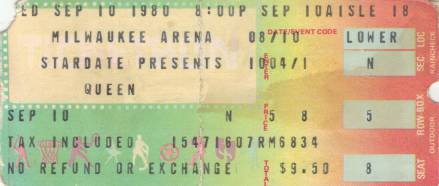 Ticket stub - Queen live at the Mecca, Milwaukee, WI, USA [10.09.1980]