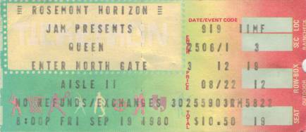 Ticket stub - Queen live at the Rosemont Horizon, Rosemont, IL, USA [19.09.1980]
