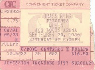 Ticket stub - Queen live at the Joe Louis Arena, Detroit, MI, USA [20.09.1980]