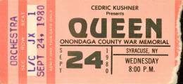 Ticket stub - Queen live at the War Memorial Auditorium, Syracuse, NY, USA [24.09.1980]