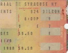 Ticket stub - Queen live at the War Memorial Auditorium, Syracuse, NY, USA [24.09.1980]