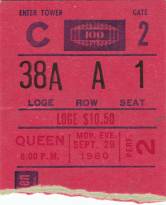 Ticket stub - Queen live at the Madison Square Garden, New York, NY, USA [29.09.1980]