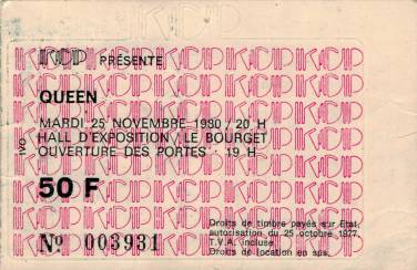 Ticket stub - Queen live at the Le Bourget La Rotonde, Paris, France [25.11.1980]
