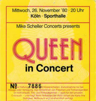 Ticket stub - Queen live at the Sporthalle, Cologne, Germany [26.11.1980]