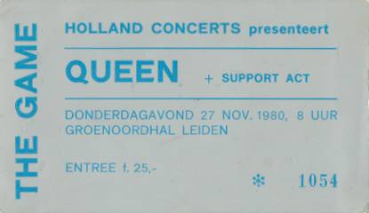 Ticket stub - Queen live at the Groenoordhallen, Leiden, The Netherlands [27.11.1980]