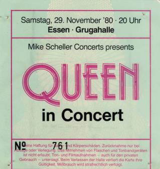 Ticket stub - Queen live at the Grugahalle, Essen, Germany [29.11.1980]