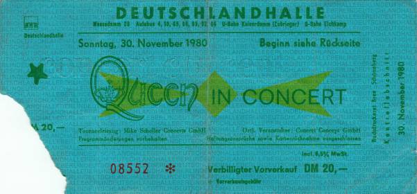 Ticket stub - Queen live at the Deutschlandhalle, Berlin, Germany [30.11.1980]