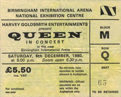 Ticket stub - Queen live at the National Exhibition Centre, Birmingham, UK [06.12.1980]