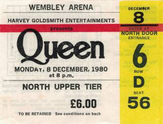 Ticket stub - Queen live at the Wembley Arena, London, UK [08.12.1980]