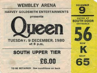 Ticket stub - Queen live at the Wembley Arena, London, UK [09.12.1980]