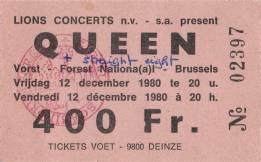 Ticket stub - Queen live at the Forest National, Brussels, Belgium [12.12.1980]
