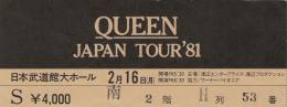 Ticket stub - Queen live at the Nippon Budokan, Tokyo, Japan [16.02.1981]