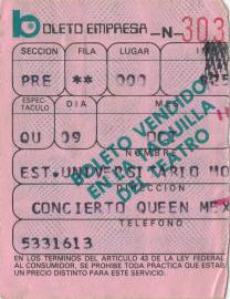 Ticket stub - Queen live at the Estadio Universitario, Monterrey, Mexico [09.10.1981]