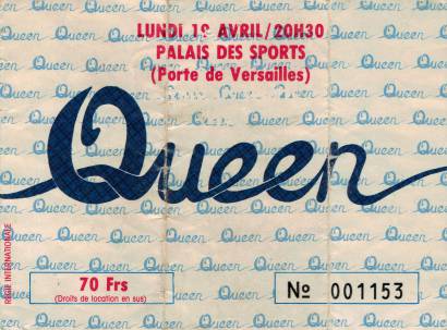 Ticket stub - Queen live at the Palais Des Sports, Paris, France [19.04.1982]