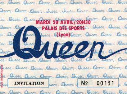 Ticket stub - Queen live at the Palais Des Sports, Lyon, France [20.04.1982]