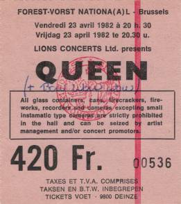 Ticket stub - Queen live at the Forest National, Brussels, Belgium [23.04.1982]