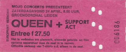 Ticket stub - Queen live at the Groenoordhallen, Leiden, The Netherlands [24.04.1982]