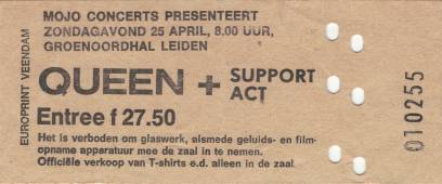 Ticket stub - Queen live at the Groenoordhallen, Leiden, The Netherlands [25.04.1982]