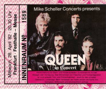 Ticket stub - Queen live at the Festhalle, Frankfurt, Germany [28.04.1982]
