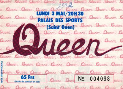 Ticket stub - Queen live at the Palais Des Sports, Paris, France [03.05.1982]