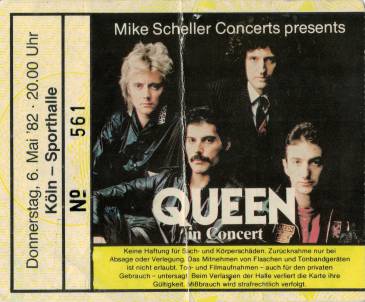 Ticket stub - Queen live at the Sporthalle, Cologne, Germany [06.05.1982]