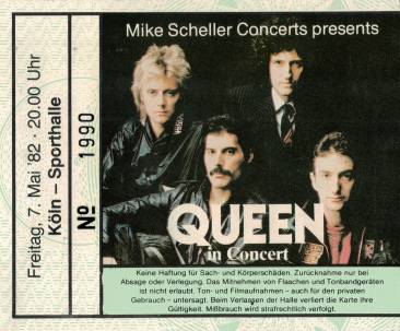 Ticket stub - Queen live at the Sporthalle, Cologne, Germany [07.05.1982]